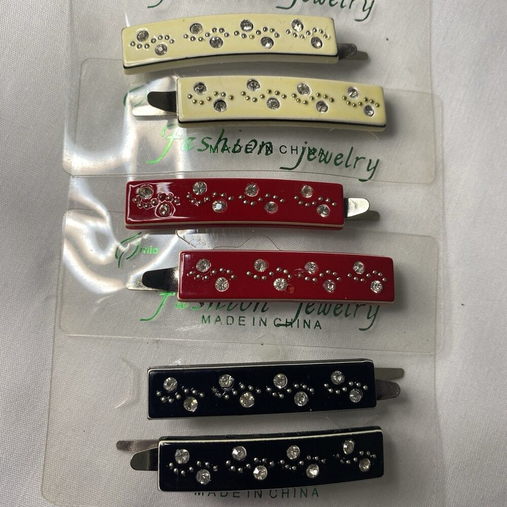 Y2K Hair Clip Lot Retro Red Black Ivory With Rhinestones